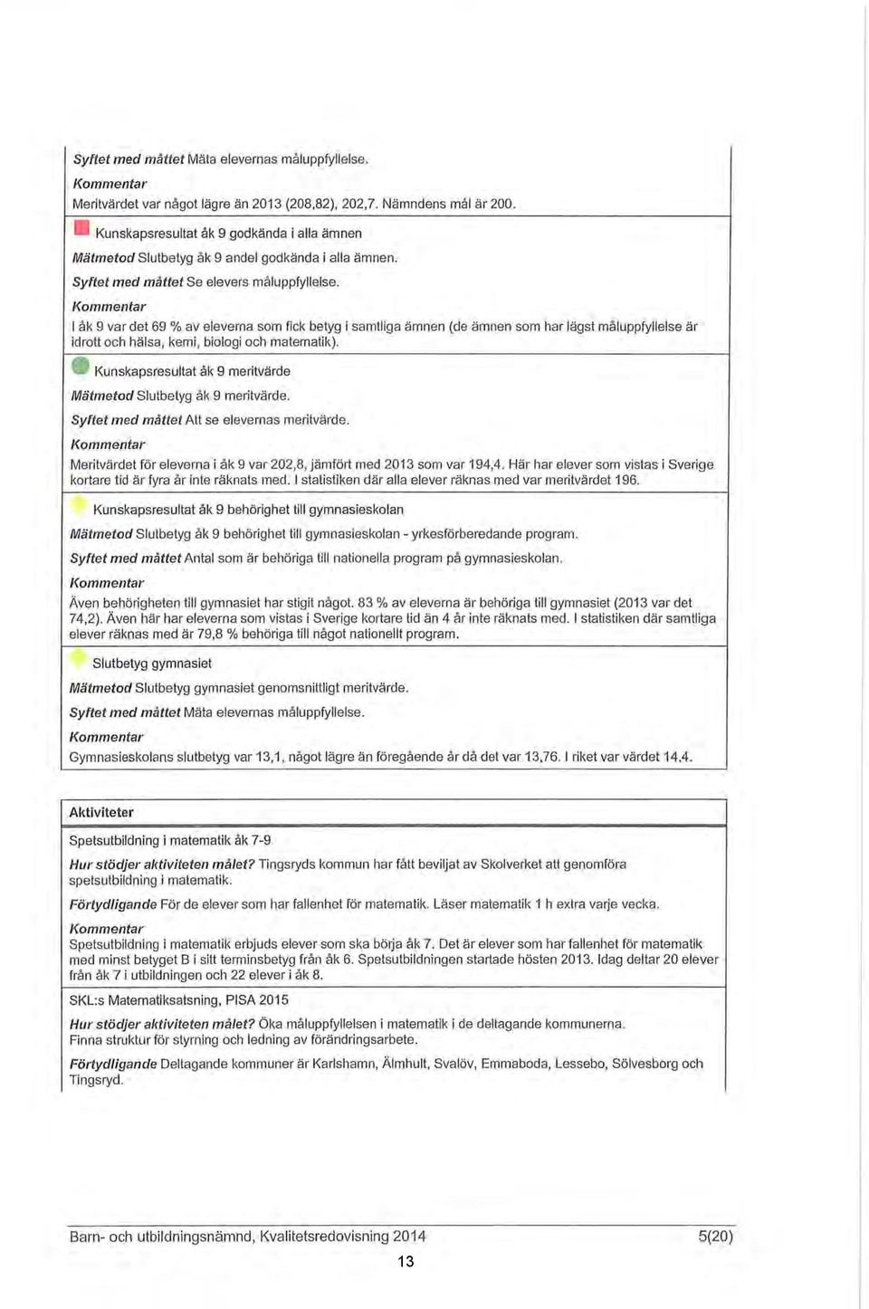 l åk 9 var det 69% av eleverna som fick betyg i samtliga ämnen (de ämnen som har lägst måluppfyllelse är idrott och hälsa, kemi, biologi och matematik).