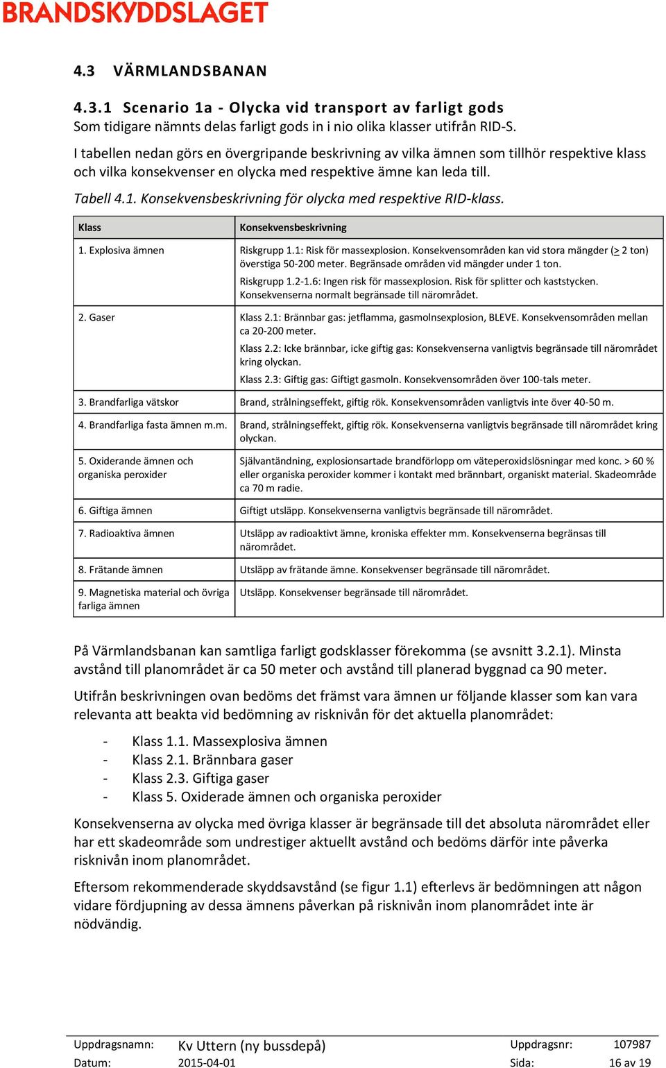 Konsekvensbeskrivning för olycka med respektive RID-klass. Klass Konsekvensbeskrivning 1. Explosiva ämnen Riskgrupp 1.1: Risk för massexplosion.