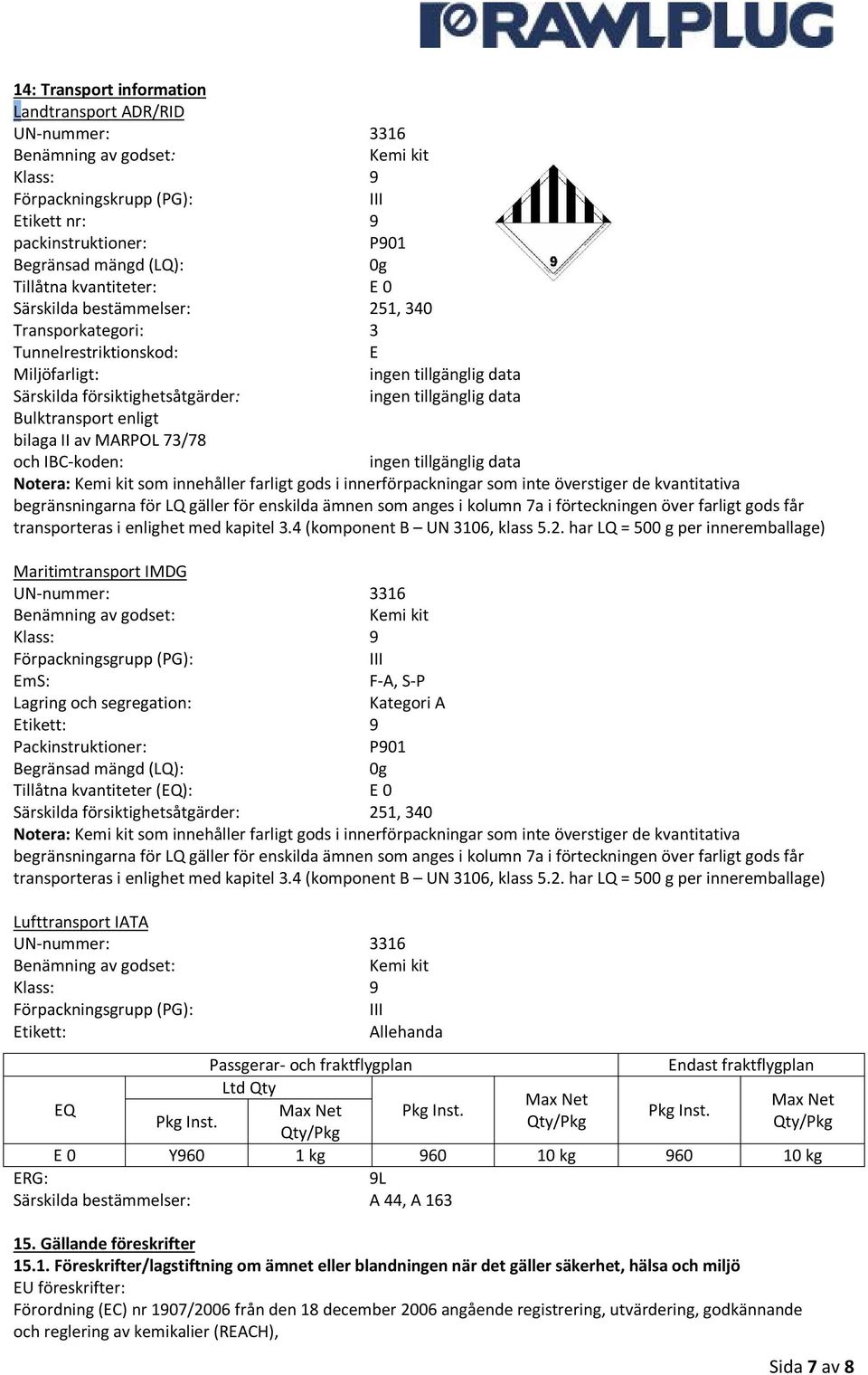 och IBC-koden: Notera: Kemi kit som innehåller farligt gods i innerförpackningar som inte överstiger de kvantitativa begränsningarna för LQ gäller för enskilda ämnen som anges i kolumn 7a i