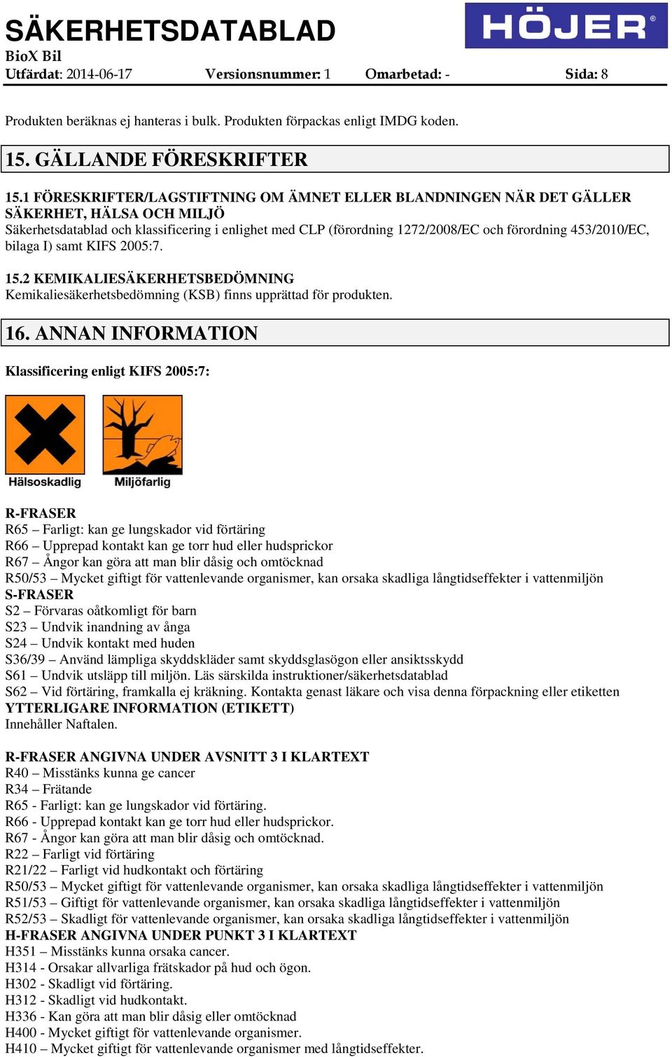 453/2010/EC, bilaga I) samt KIFS 2005:7. 15.2 KEMIKALIESÄKERHETSBEDÖMNING Kemikaliesäkerhetsbedömning (KSB) finns upprättad för produkten. 16.