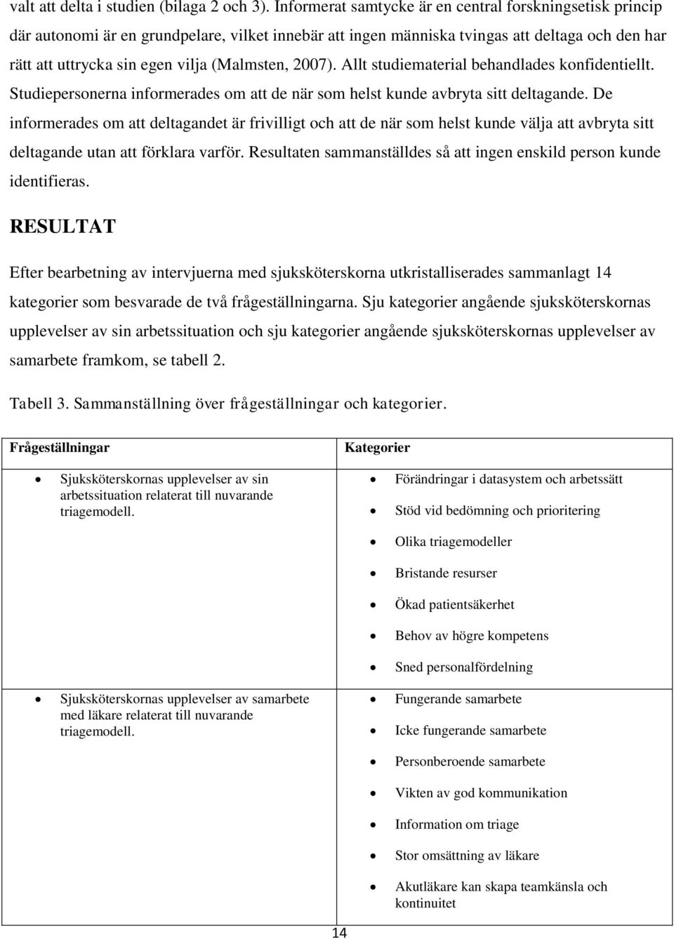 2007). Allt studiematerial behandlades konfidentiellt. Studiepersonerna informerades om att de när som helst kunde avbryta sitt deltagande.