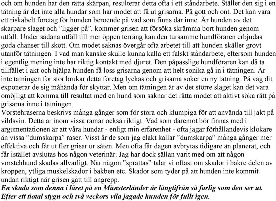 Under sådana utfall till mer öppen terräng kan den tursamme hundföraren erbjudas goda chanser till skott. Om modet saknas övergår ofta arbetet till att hunden skäller grovt utanför tätningen.