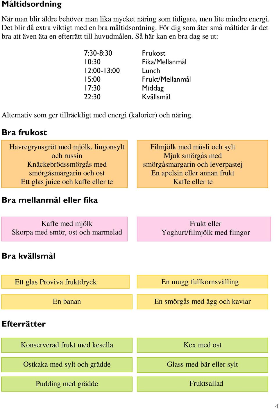 Så här kan en bra dag se ut: 7:30-8:30 Frukost 10:30 Fika/Mellanmål 12:00-13:00 Lunch 15:00 Frukt/Mellanmål 17:30 Middag 22:30 Kvällsmål Alternativ som ger tillräckligt med energi (kalorier) och