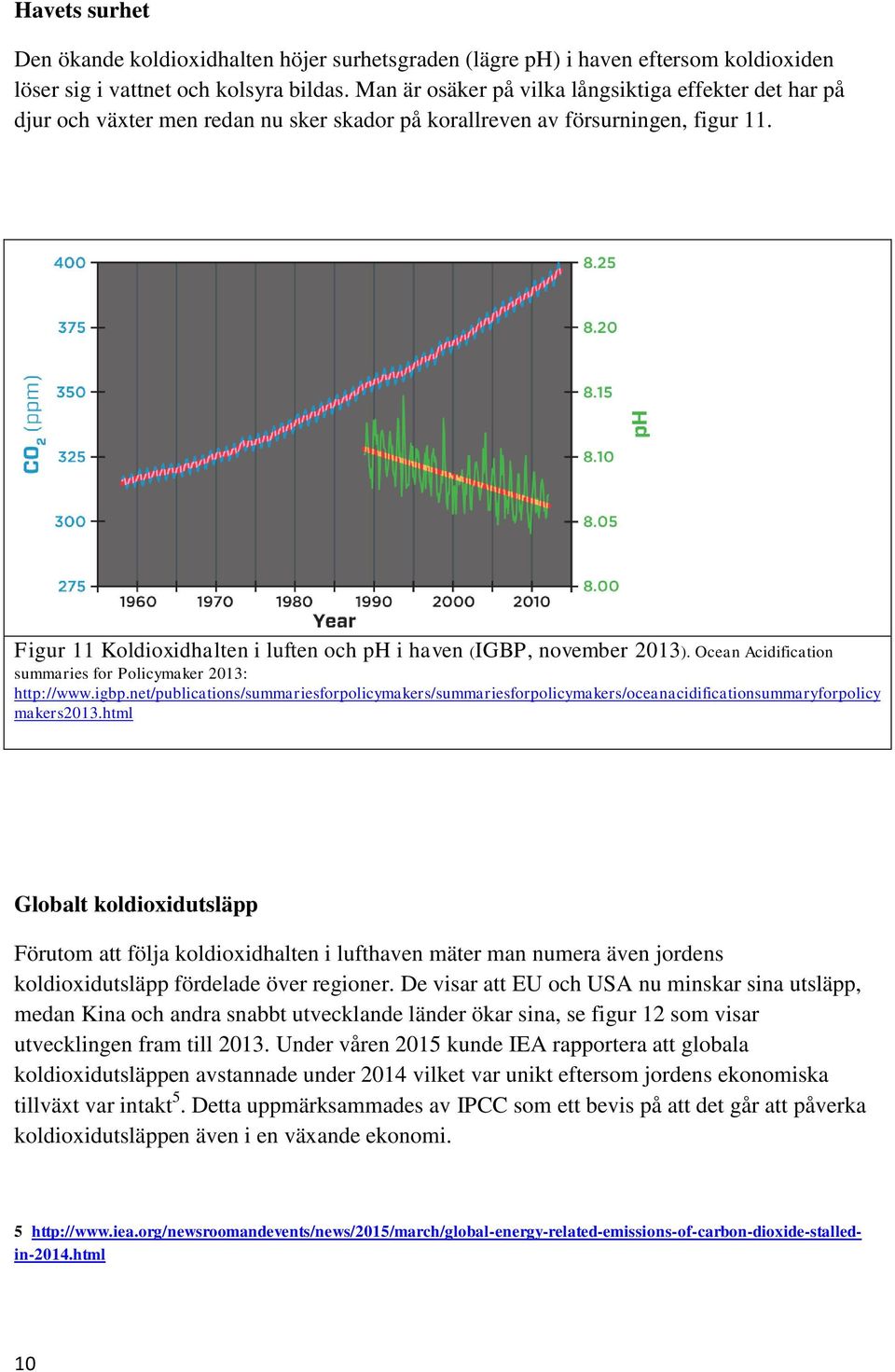 Figur 11 Koldioxidhalten i luften och ph i haven (IGBP, november 2013). Ocean Acidification summaries for Policymaker 2013: http://www.igbp.