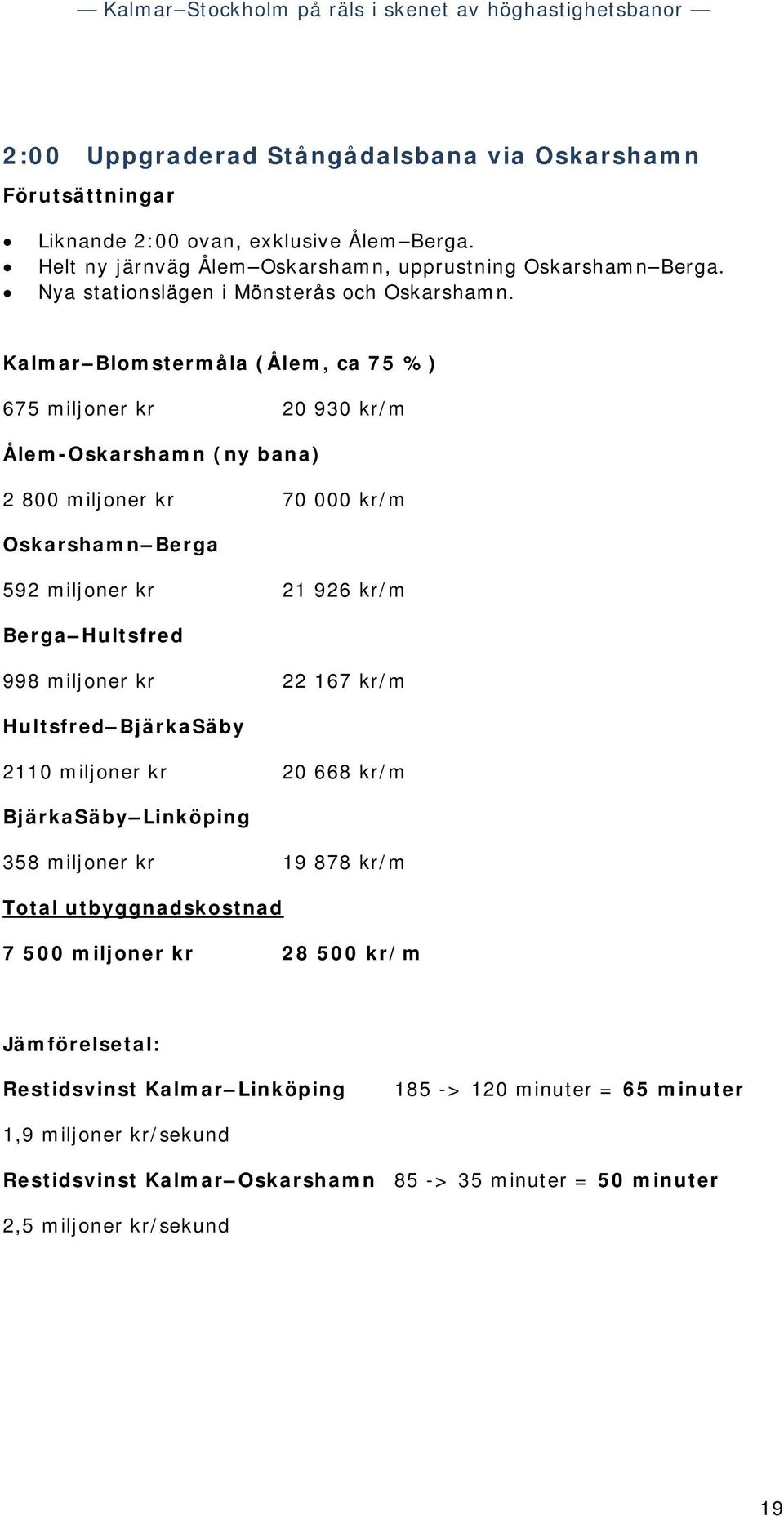 Kalmar Blomstermåla (Ålem, ca 75 %) 675 miljoner kr 20 930 kr/m Ålem-Oskarshamn (ny bana) 2 800 miljoner kr 70 000 kr/m Oskarshamn Berga 592 miljoner kr 21 926 kr/m Berga Hultsfred 998