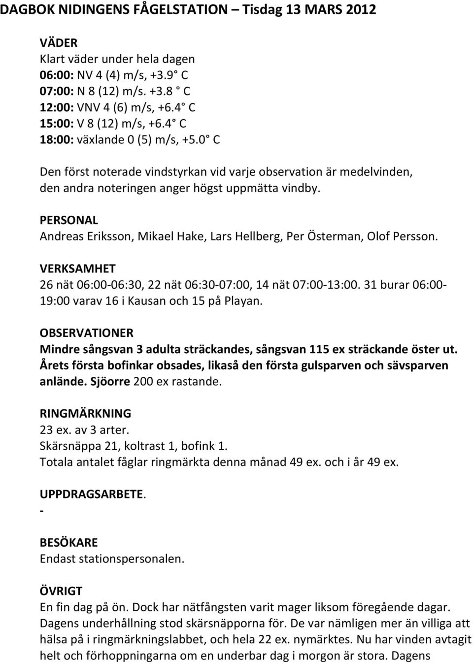 Andreas Eriksson, Mikael Hake, Lars Hellberg, Per Österman, Olof Persson. 26 nät 06:00 06:30, 22 nät 06:30 07:00, 14 nät 07:00 13:00. 31 burar 06:00 19:00 varav 16 i Kausan och 15 på Playan.