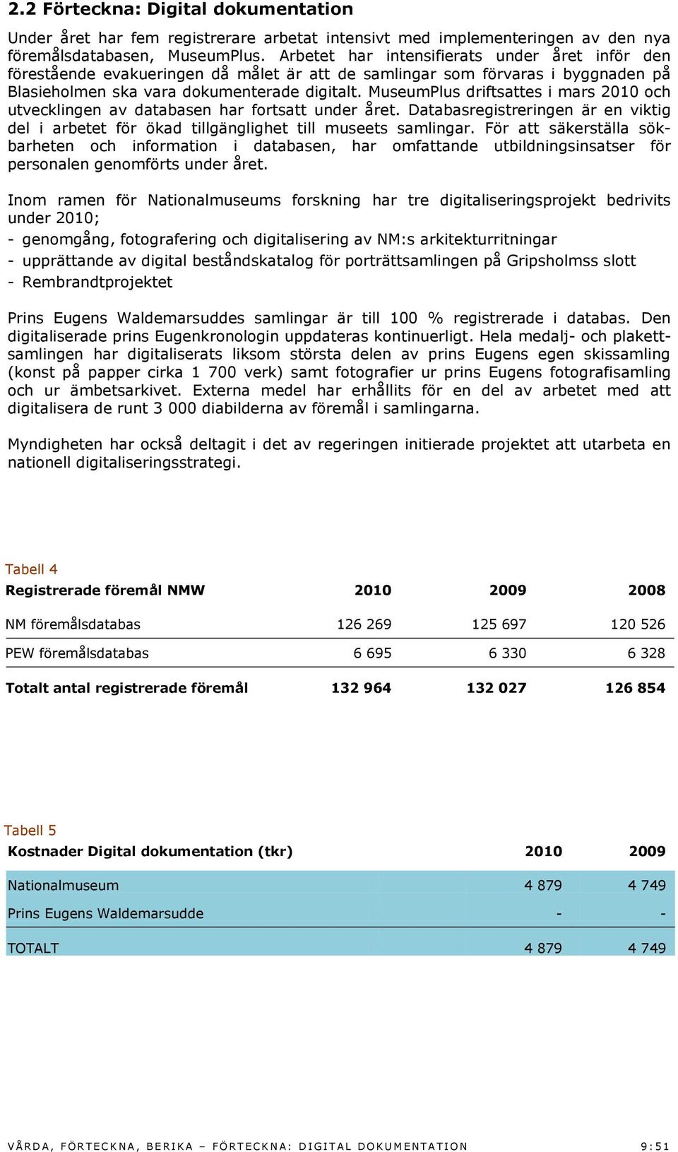 MuseumPlus driftsattes i mars 2010 och utvecklingen av databasen har fortsatt under året. Databasregistreringen är en viktig del i arbetet för ökad tillgänglighet till museets samlingar.