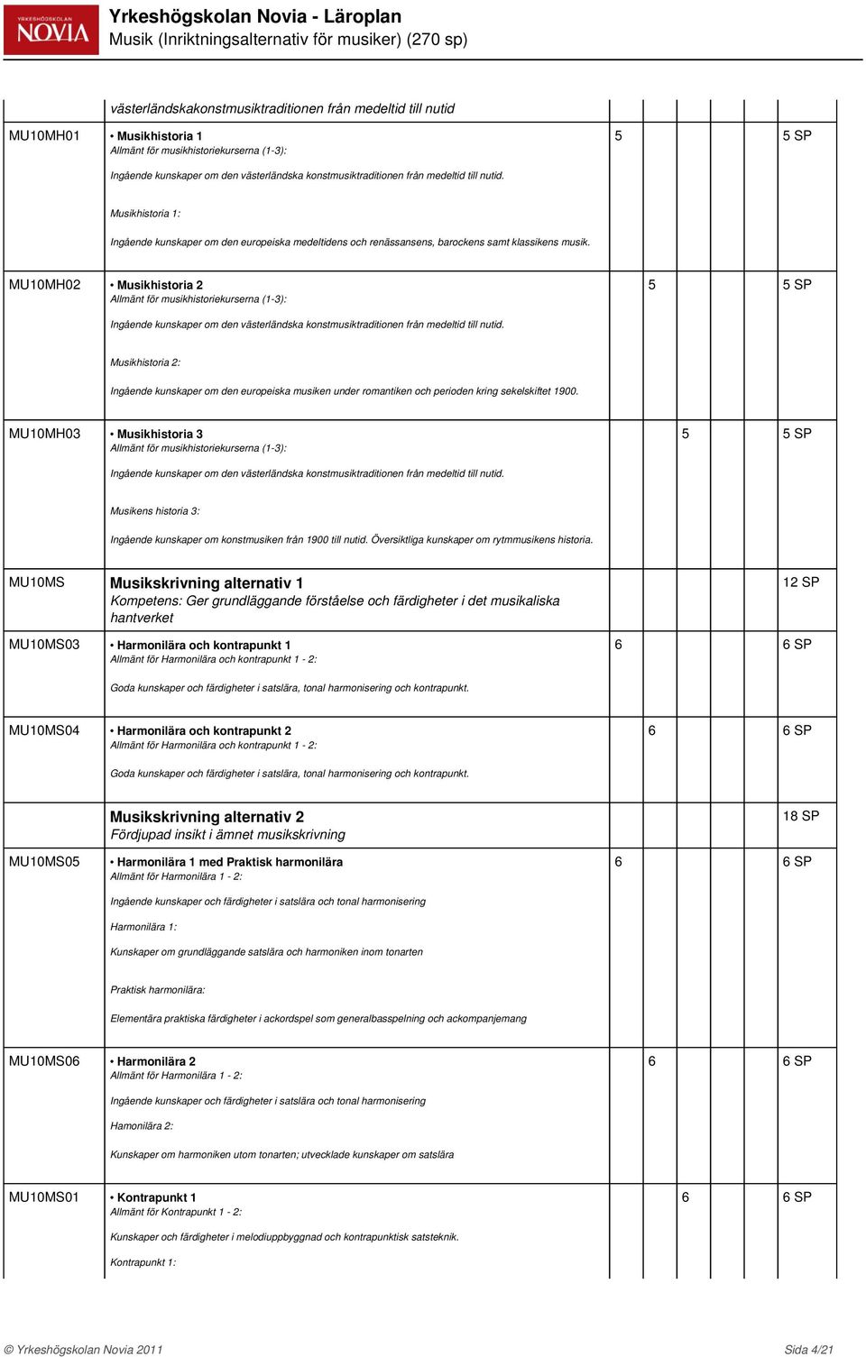 MU10MH02 Musikhistoria 2 Allmänt för musikhistoriekurserna (1-3): Ingående kunskaper om den västerländska konstmusiktraditionen från medeltid till nutid.
