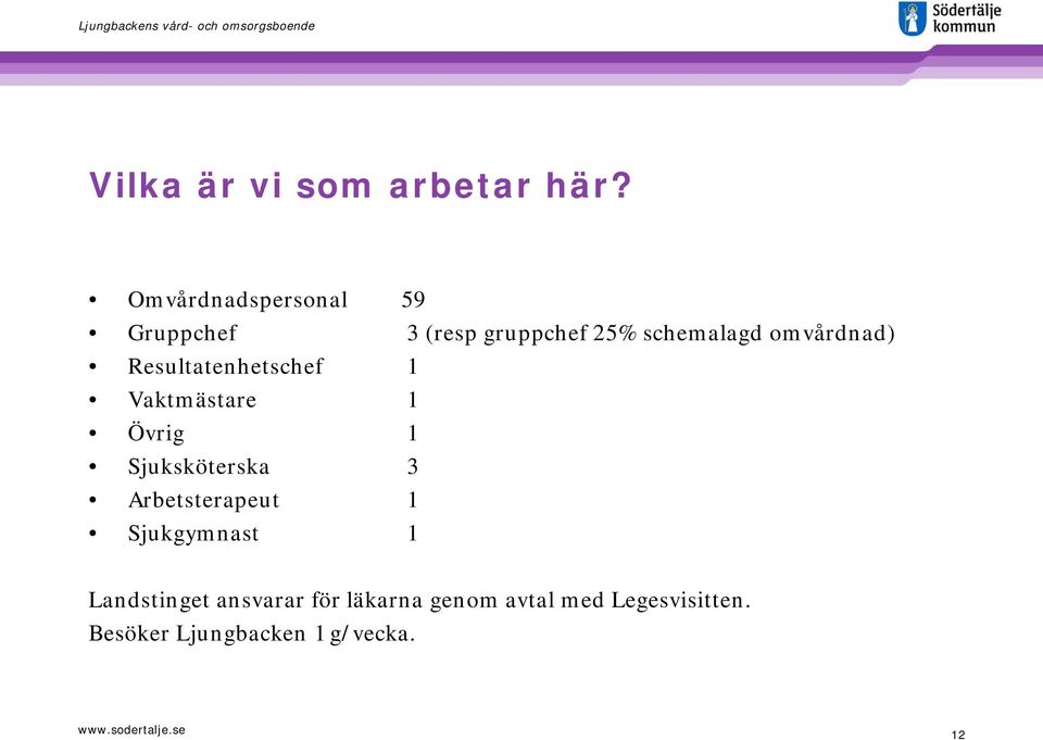 omvårdnad) Resultatenhetschef 1 Vaktmästare 1 Övrig 1 Sjuksköterska 3