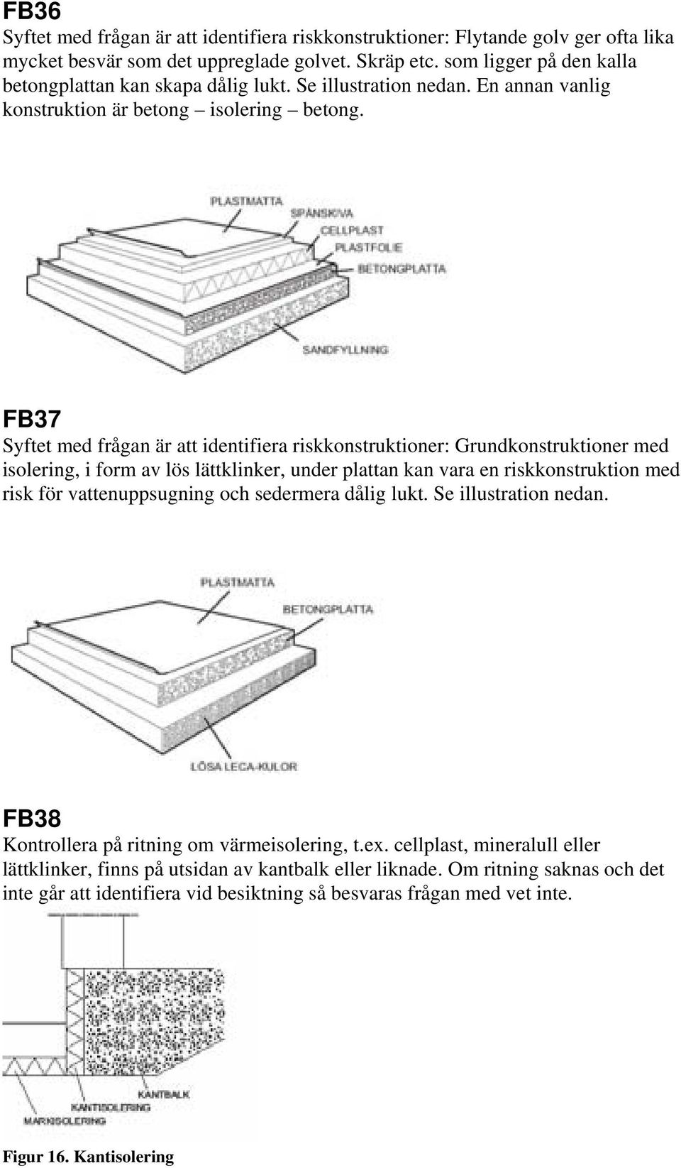 FB37 Syftet med frågan är att identifiera riskkonstruktioner: Grundkonstruktioner med isolering, i form av lös lättklinker, under plattan kan vara en riskkonstruktion med risk för vattenuppsugning