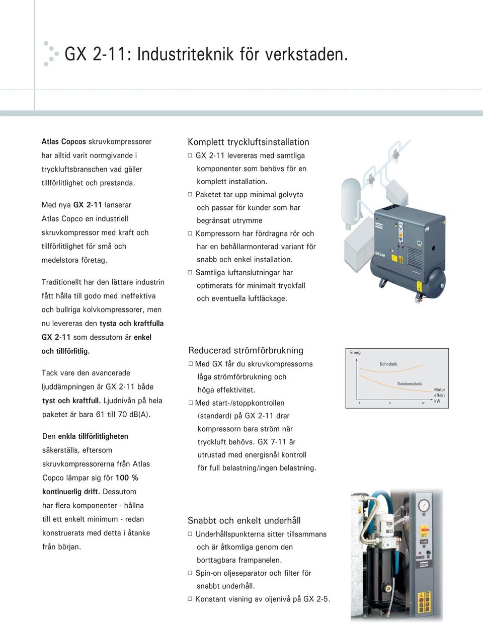 tillförlitlighet och prestanda. Med nya GX 2-11 lanserar Atlas Copco en industriell skruvkompressor med kraft och komplett installation.