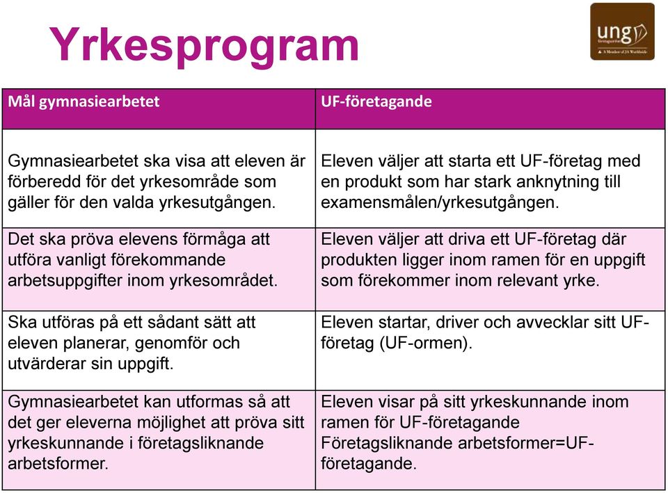 Gymnasiearbetet kan utformas så att det ger eleverna möjlighet att pröva sitt yrkeskunnande i företagsliknande arbetsformer.