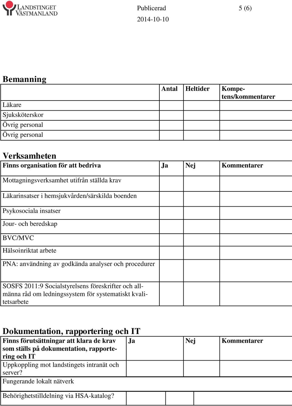 godkända analyser och procedurer SOSFS 2011:9 Socialstyrelsens föreskrifter och allmänna råd om ledningssystem för systematiskt kvalitetsarbete Dokumentation, rapportering och IT Finns