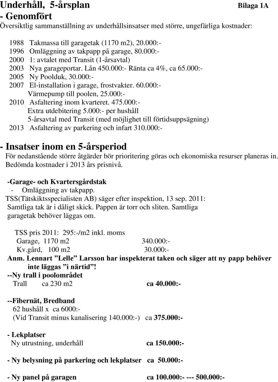 000:- 2007 El-installation i garage, frostvakter. 60.000:- Värmepump till poolen, 25.000:- 2010 Asfaltering inom kvarteret. 475.000:- Extra utdebitering 5.