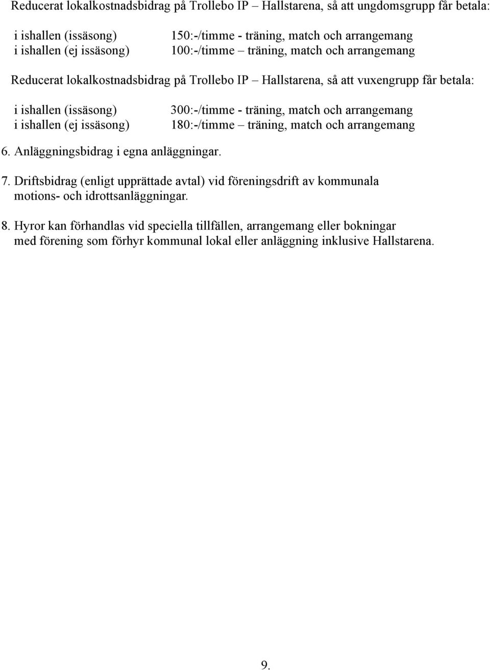 - träning, match och arrangemang 180:-/timme träning, match och arrangemang 6. Anläggningsbidrag i egna anläggningar. 7.