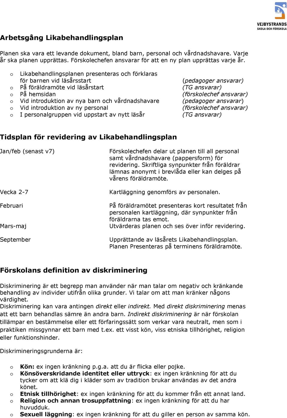 barn ch vårdnadshavare (pedagger ansvarar) Vid intrduktin av ny persnal (försklechef ansvarar) I persnalgruppen vid uppstart av nytt läsår (TG ansvarar) Tidsplan för revidering av Likabehandlingsplan