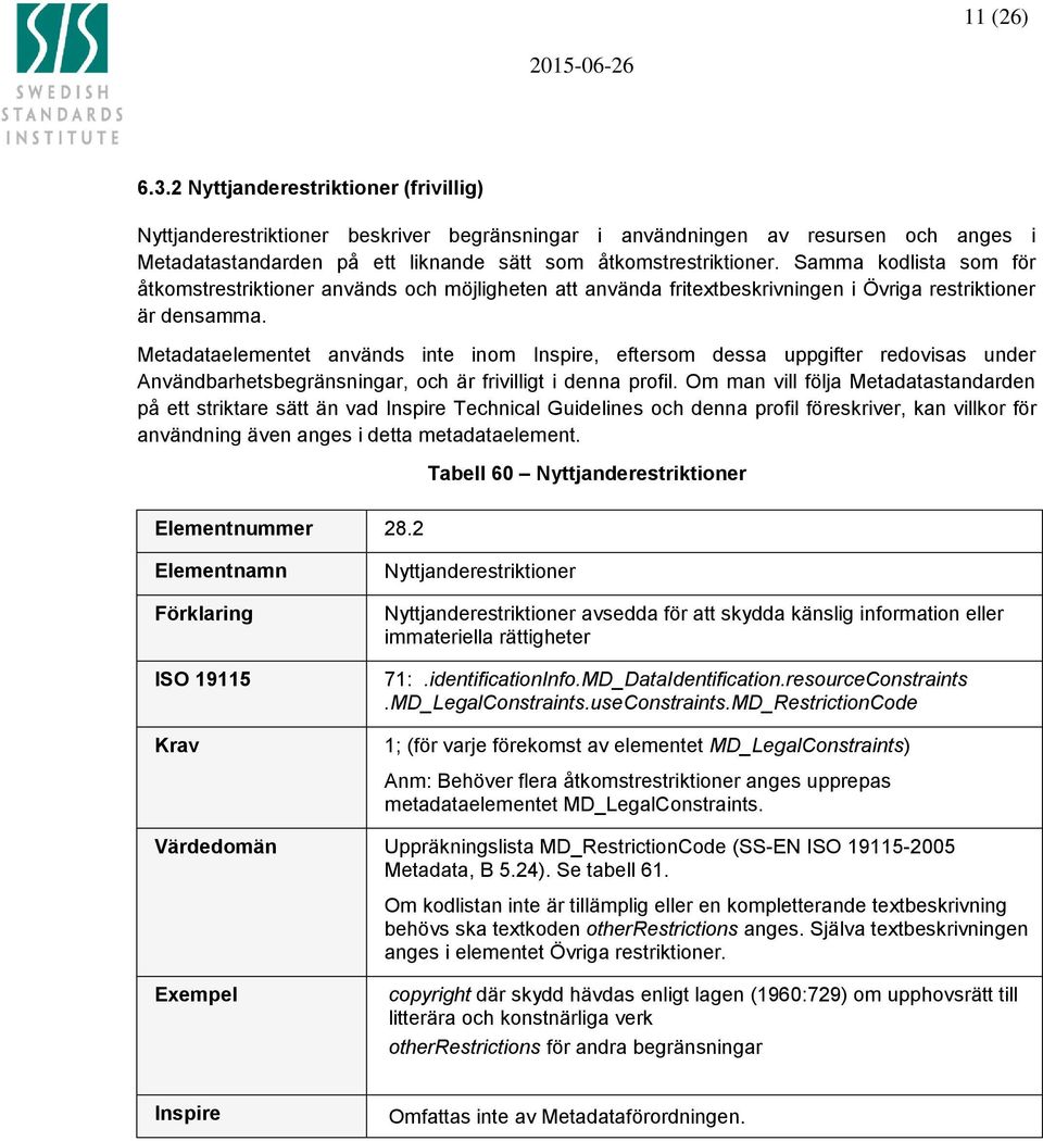 Metadataelementet används inte inom Inspire, eftersom dessa uppgifter redovisas under Användbarhetsbegränsningar, och är frivilligt i denna profil.