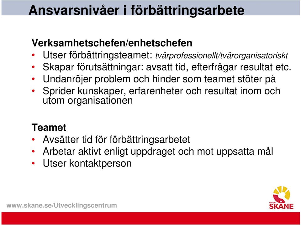 Undanröjer problem och hinder som teamet stöter på Sprider kunskaper, erfarenheter och resultat inom och