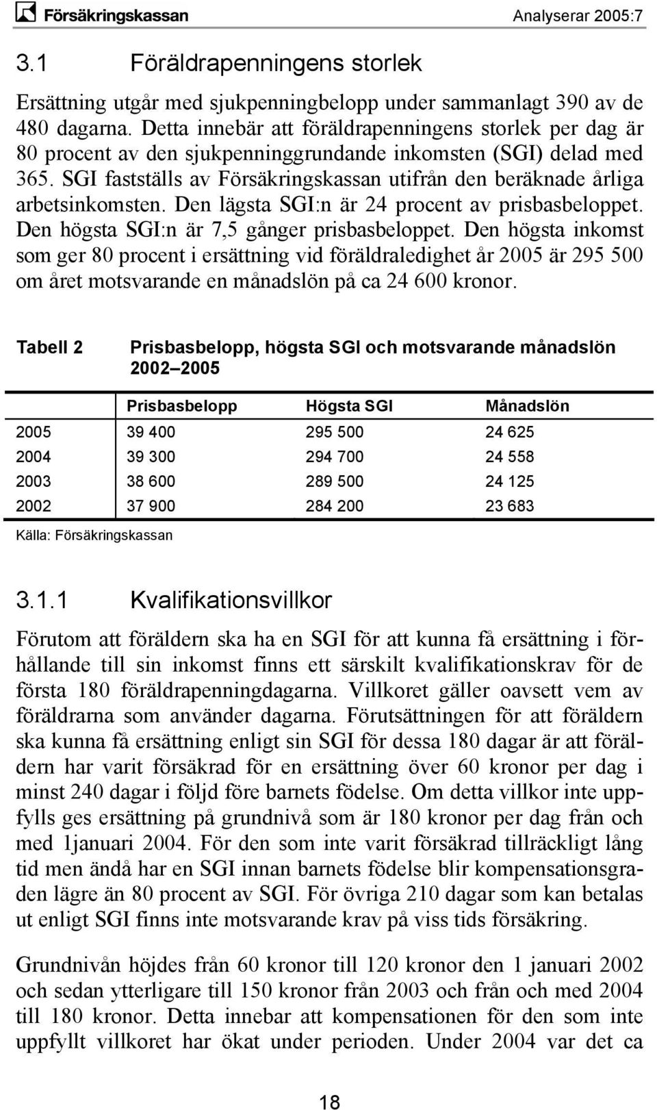 SGI fastställs av Försäkringskassan utifrån den beräknade årliga arbetsinkomsten. Den lägsta SGI:n är 24 procent av prisbasbeloppet. Den högsta SGI:n är 7,5 gånger prisbasbeloppet.