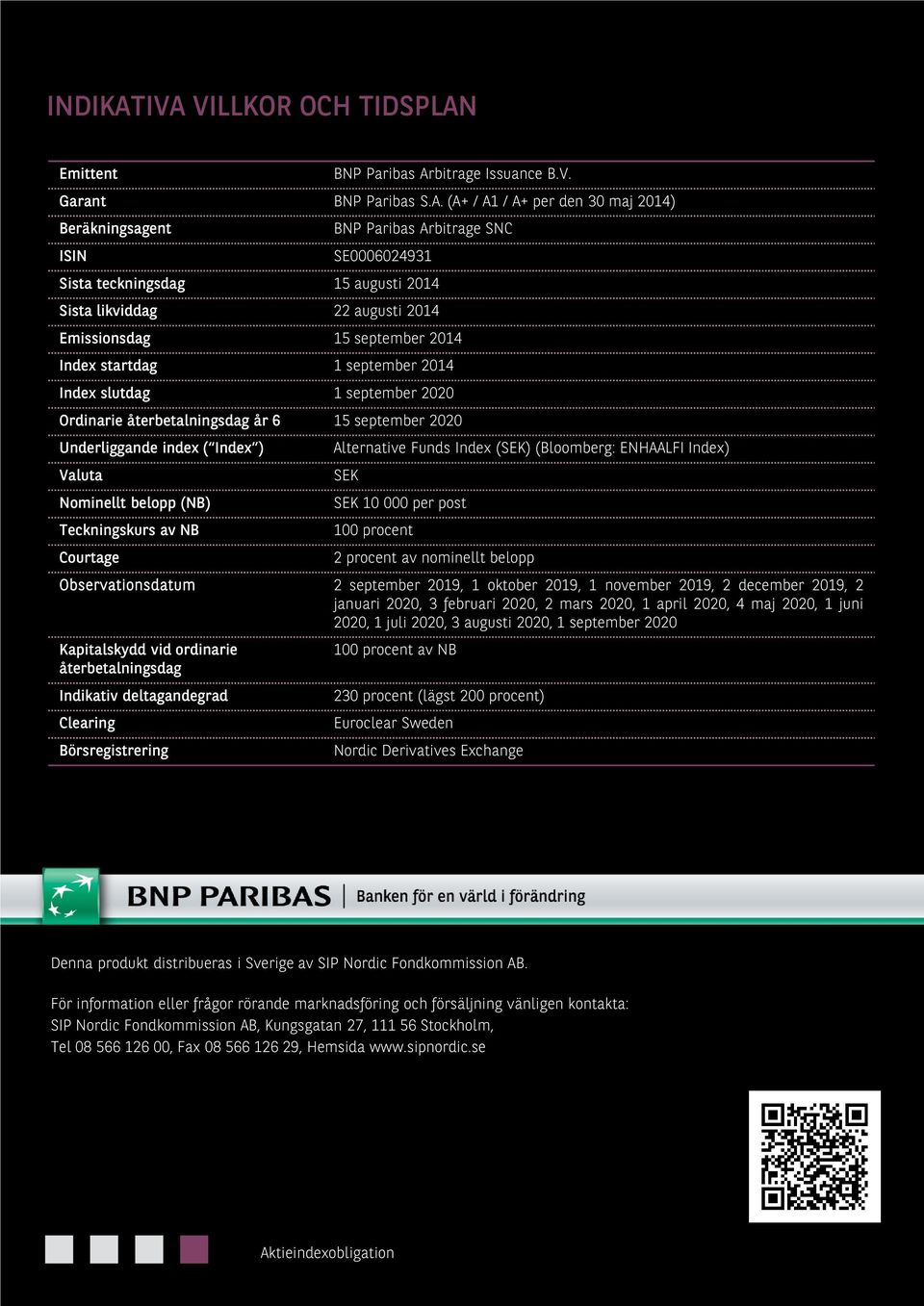 teckningsdag 15 augusti 2014 Sista likviddag 22 augusti 2014 Emissionsdag 15 september 2014 Index startdag 1 september 2014 Index slutdag 1 september 2020 Ordinarie återbetalningsdag år 6 15