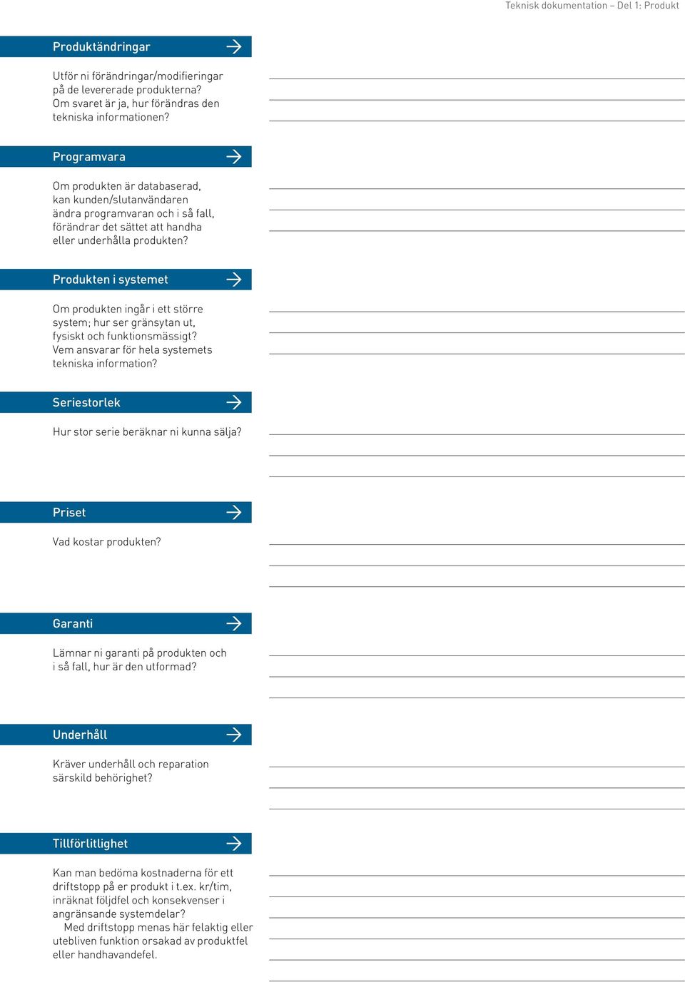 Produkten i systemet Om produkten ingår i ett större system; hur ser gränsytan ut, fysiskt och funktionsmässigt? Vem ansvarar för hela systemets tekniska information?