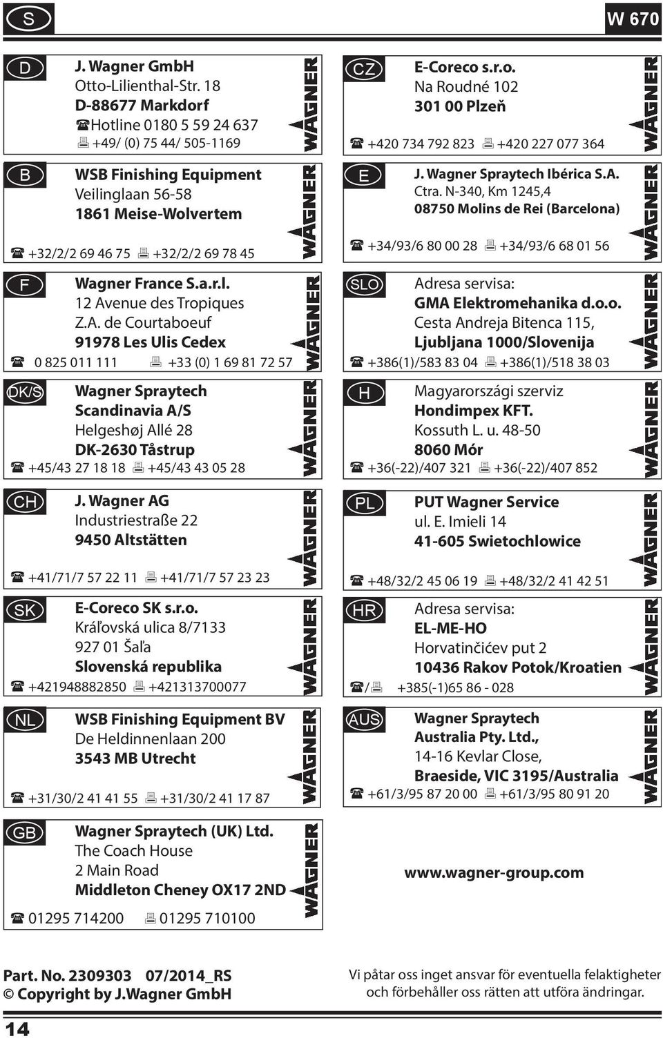 A. de Courtaboeuf 91978 Les Ulis Cedex 0 825 011 111 +33 (0) 1 69 81 72 57 DK/ Wagner praytech candinavia A/ Helgeshøj Allé 28 DK-2630 Tåstrup +45/43 27 18 18 +45/43 43 05 28 CZ E-Coreco s.r.o. Na Roudné 102 301 00 Plzeň +420 734 792 823 +420 227 077 364 E J.