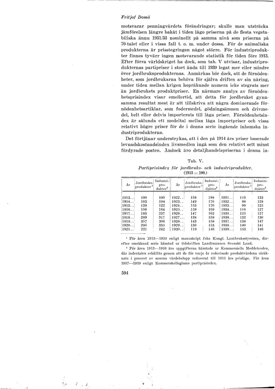 Efter förra värdskriget ha dock, som tab. V utvisar, industriprodukternas partipriser i stort ända ti 1939 egat mer eer mindre över jordbruksprodukternas.