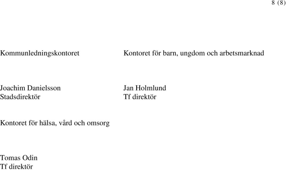 Stadsdirektör Jan Holmlund Tf direktör Kontoret