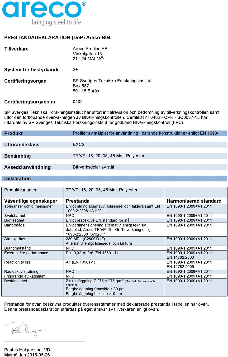 Enligt respektive EN standard för stål 280 MPa (S280GD+Z) Brandmotstånd NPD External fire performance Pcs 0,92 MJ/m² (EN 13501-1) Reaction to