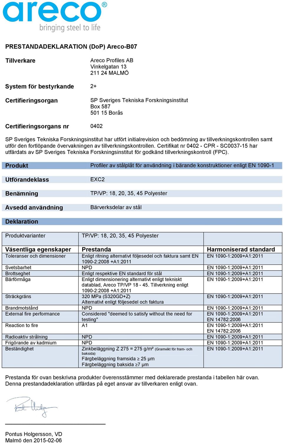 Enligt respektive EN standard för stål 320 MPa (S320GD+Z) Brandmotstånd NPD External fire performance Considered "deemed to satisfy without