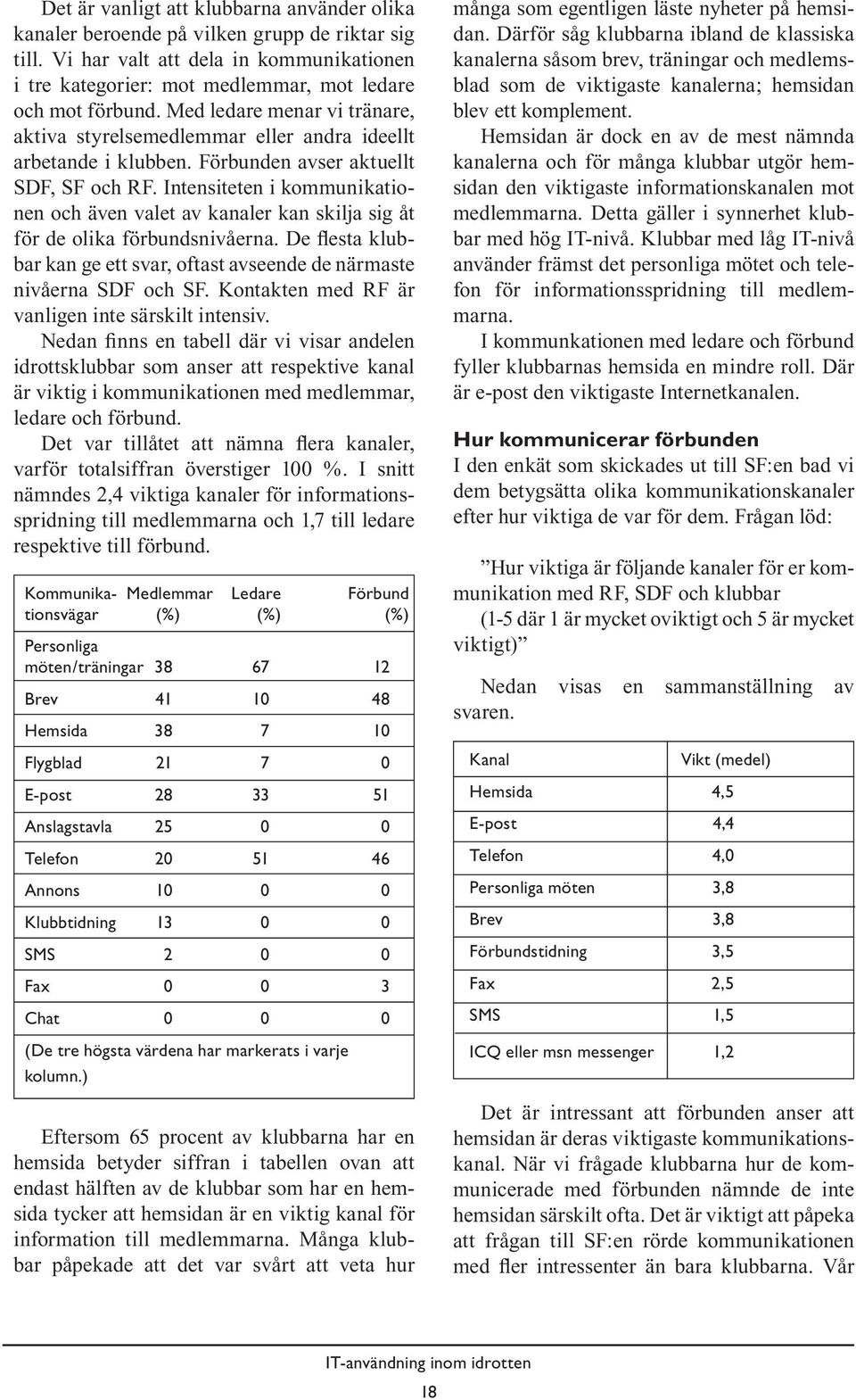 Intensiteten i kommunikationen och även valet av kanaler kan skilja sig åt för de olika förbundsnivåerna. De flesta klubbar kan ge ett svar, oftast avseende de närmaste nivåerna SDF och SF.