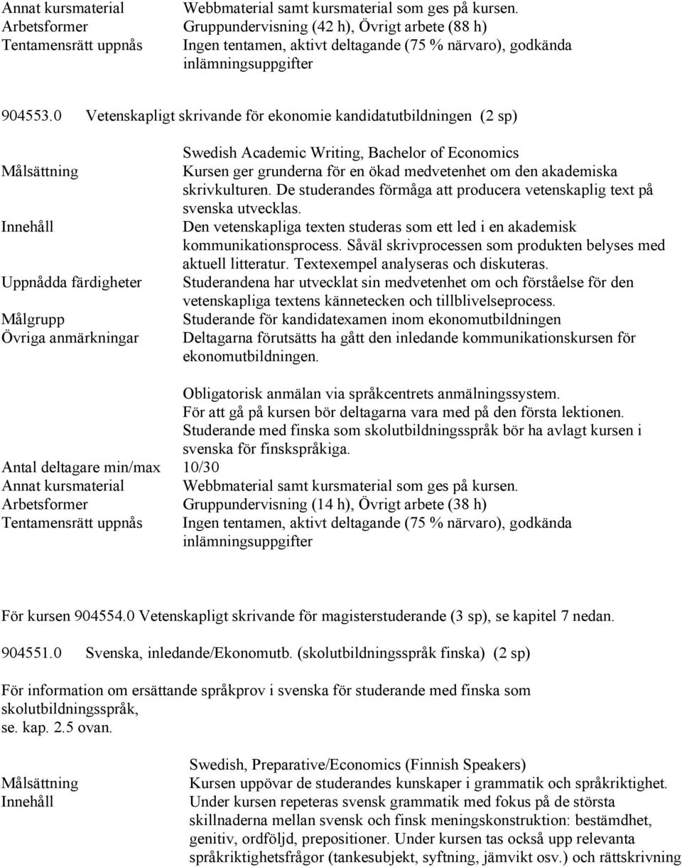 0 Vetenskapligt skrivande för ekonomie kandidatutbildningen (2 sp) Swedish Academic Writing, Bachelor of Economics Målsättning Kursen ger grunderna för en ökad medvetenhet om den akademiska