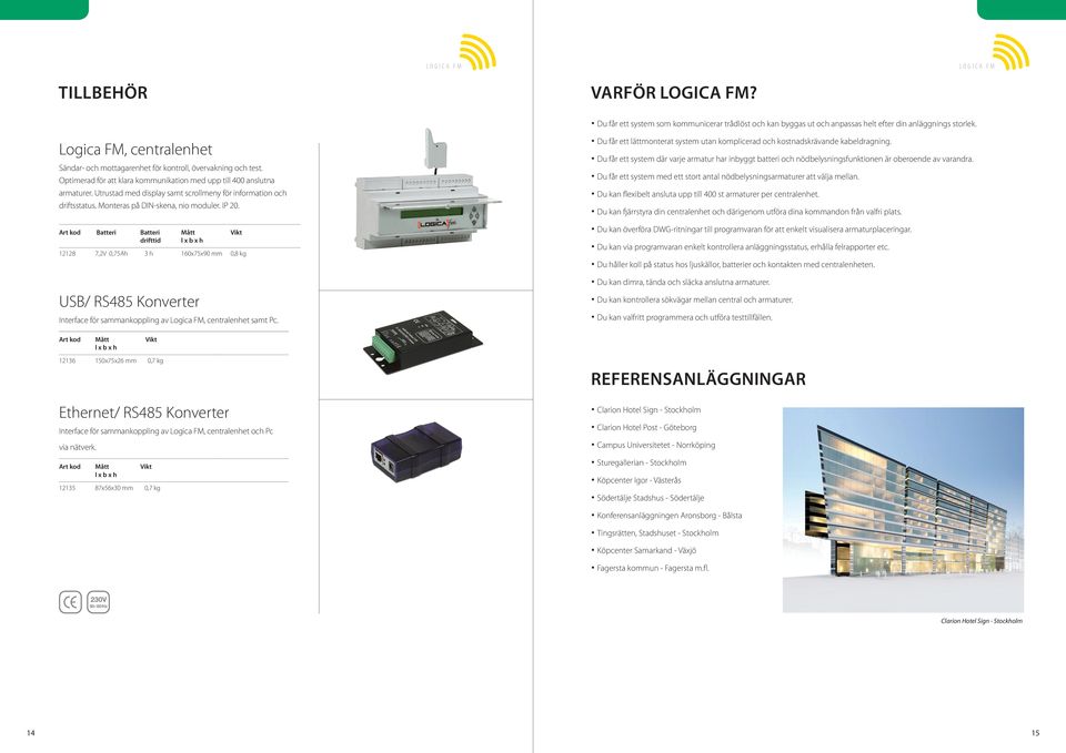 Art kod Mått l x b x h 228 7,2V 0,75Ah 3 h 0x75x90 mm 0,8 kg US/ RS485 Konverter Interface för sammankoppling av Logica FM, centralenhet samt Pc. VARFÖR?