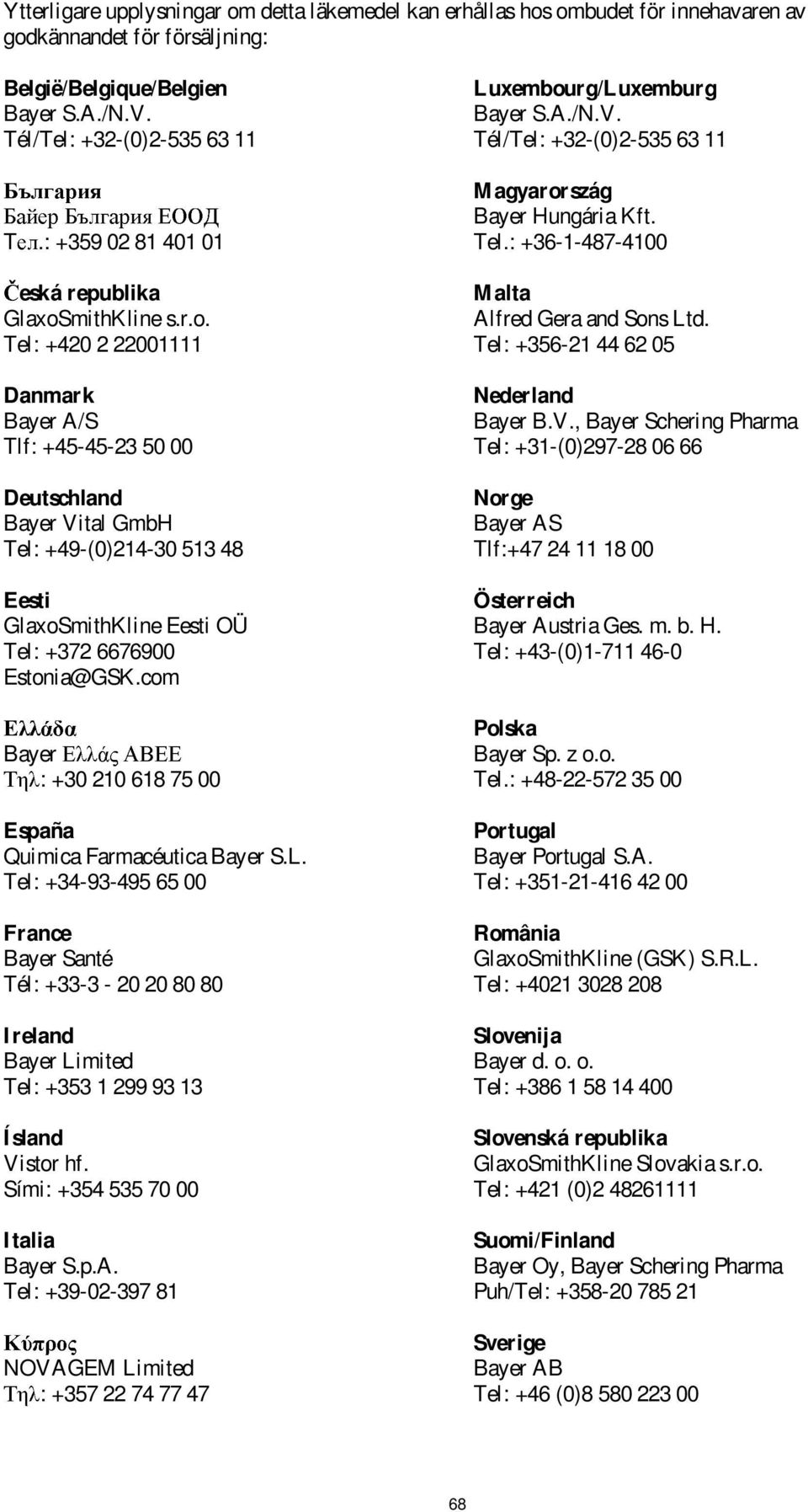 mithKline s.r.o. Tel: +420 2 22001111 Danmark Bayer A/S Tlf: +45-45-23 50 00 Deutschland Bayer Vital GmbH Tel: +49-(0)214-30 513 48 Eesti GlaxoSmithKline Eesti OÜ Tel: +372 6676900 Estonia@GSK.