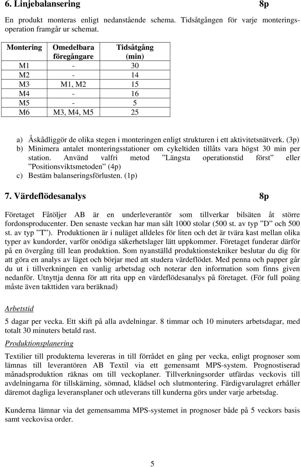 (3p) b) Minimera antalet monteringsstationer om cykeltiden tillåts vara högst 30 min per station.