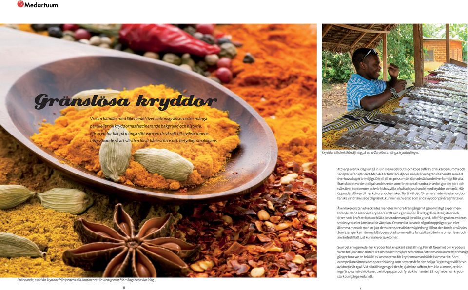 Kryddor till direktförsäljning på en av Zanzibars många kryddodlingar. Spännande, exotiska kryddor från jordens alla kontinenter är vardagsmat för många svenskar idag.