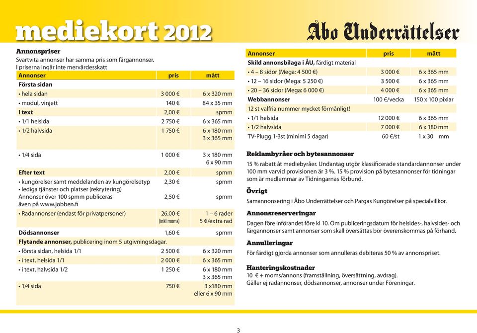 mm 3 x 365 mm 1/4 sida 1 000 3 x 180 mm 6 x 90 mm Efter text 2,00 spmm kungörelser samt meddelanden av kungörelsetyp lediga tjänster och platser (rekrytering) Annonser över 100 spmm publiceras även