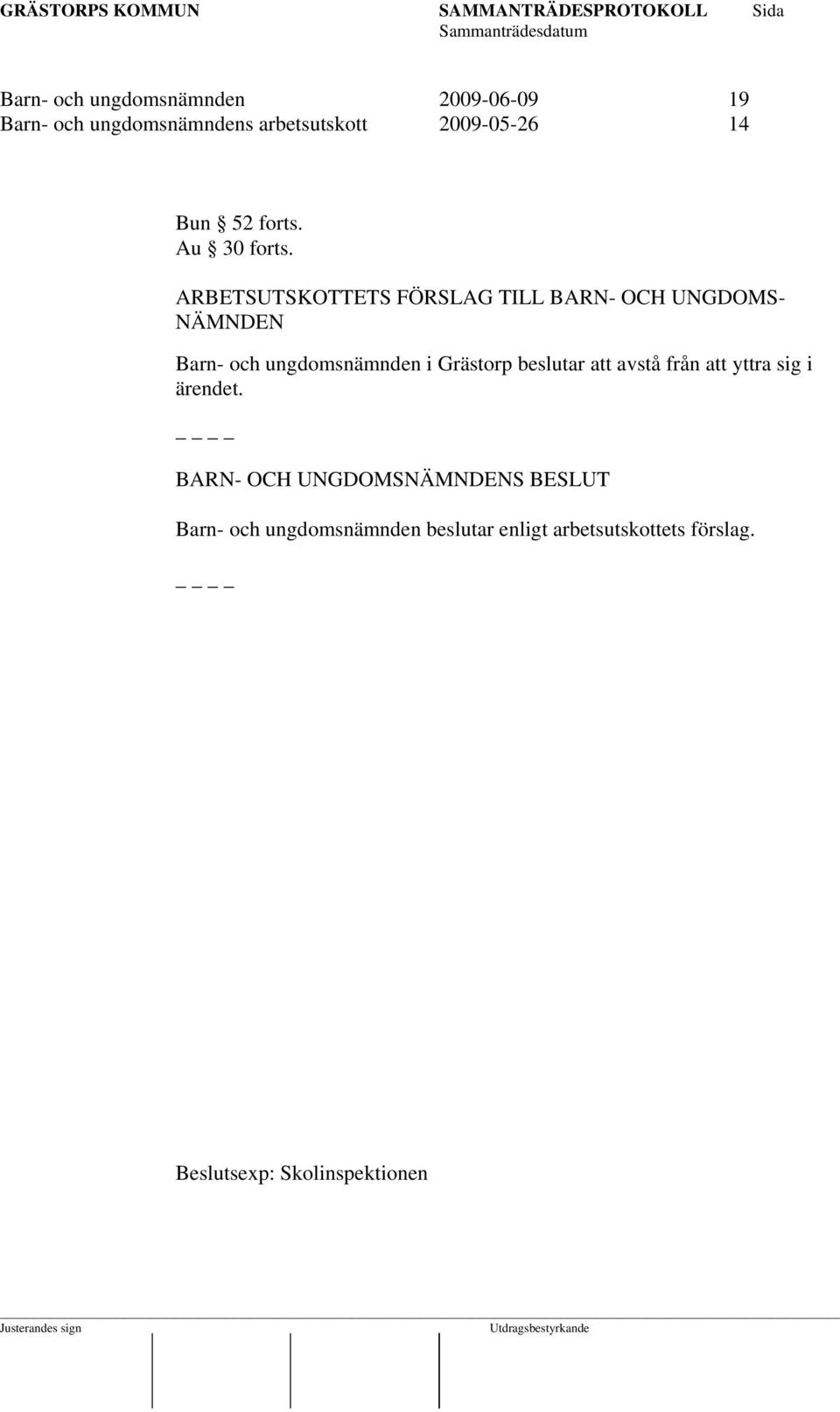 ARBETSUTSKOTTETS FÖRSLAG TILL BARN- OCH UNGDOMS- NÄMNDEN Barn- och ungdomsnämnden i Grästorp