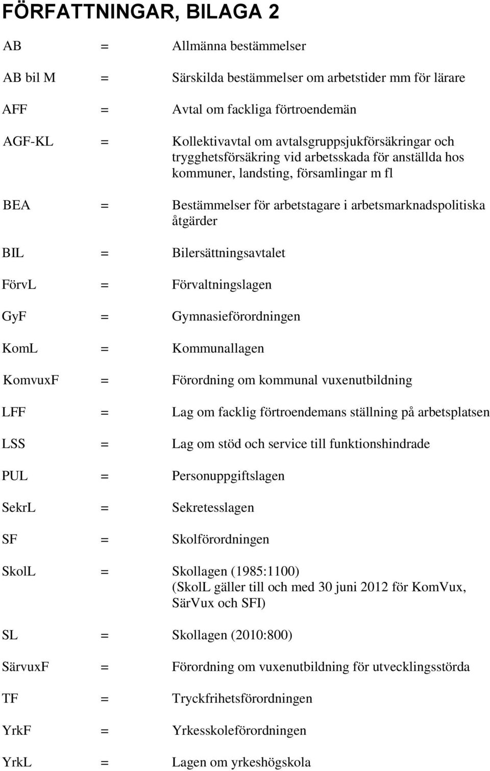 = Bilersättningsavtalet FörvL = Förvaltningslagen GyF = Gymnasieförordningen KomL = Kommunallagen KomvuxF = Förordning om kommunal vuxenutbildning LFF = Lag om facklig förtroendemans ställning på