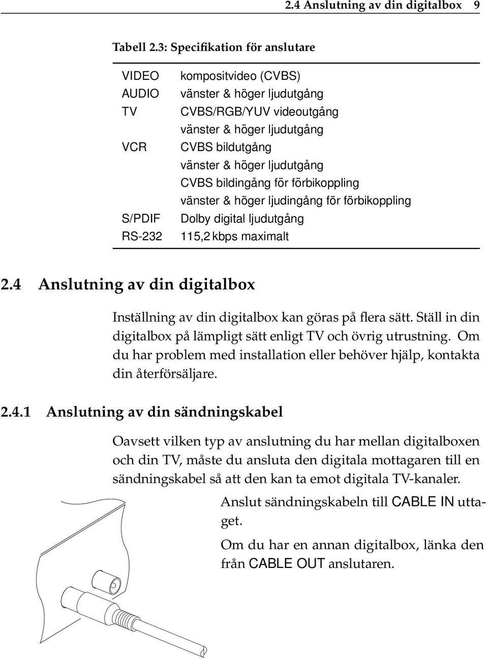 ljudutgång CVBS bildingång för förbikoppling vänster & höger ljudingång för förbikoppling Dolby digital ljudutgång 115,2 kbps maximalt 2.