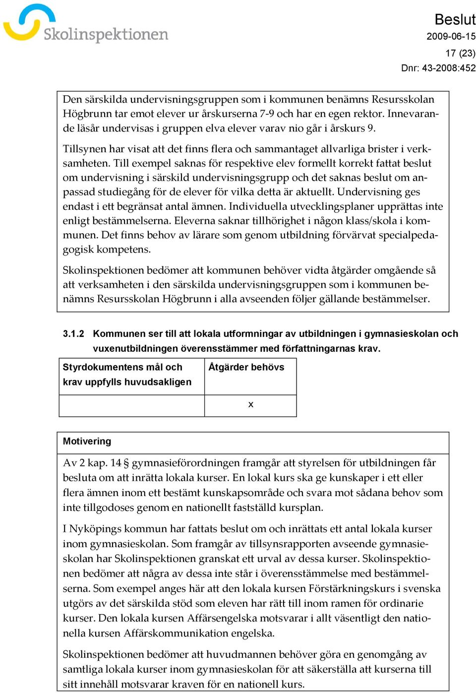 Till eempel saknas för respektive elev formellt korrekt fattat beslut om undervisning i särskild undervisningsgrupp och det saknas beslut om anpassad studiegång för de elever för vilka detta är