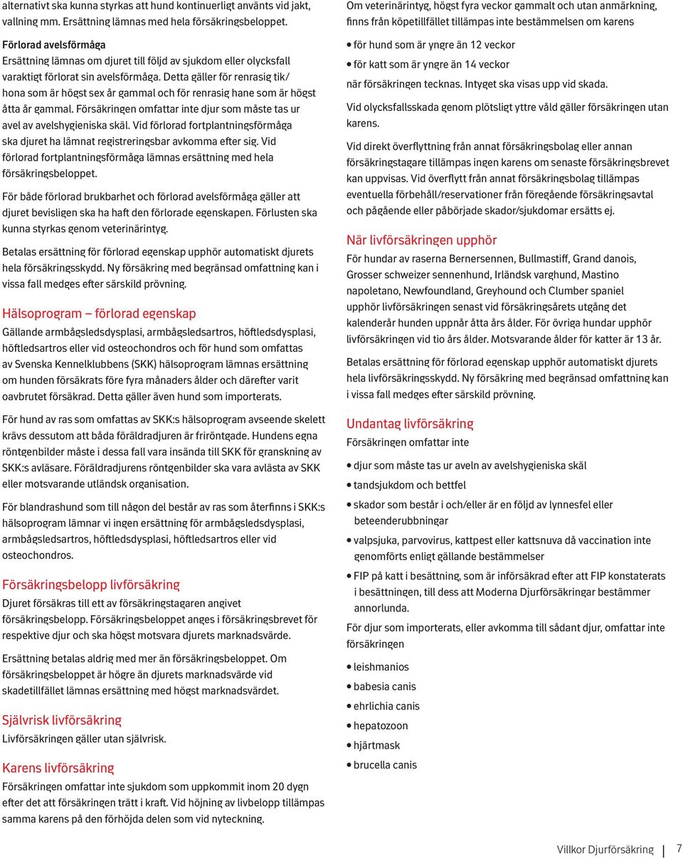 Detta gäller för renrasig tik/ hona som är högst sex år gammal och för renrasig hane som är högst åtta år gammal. Försäkringen omfattar inte djur som måste tas ur avel av avelshygieniska skäl.