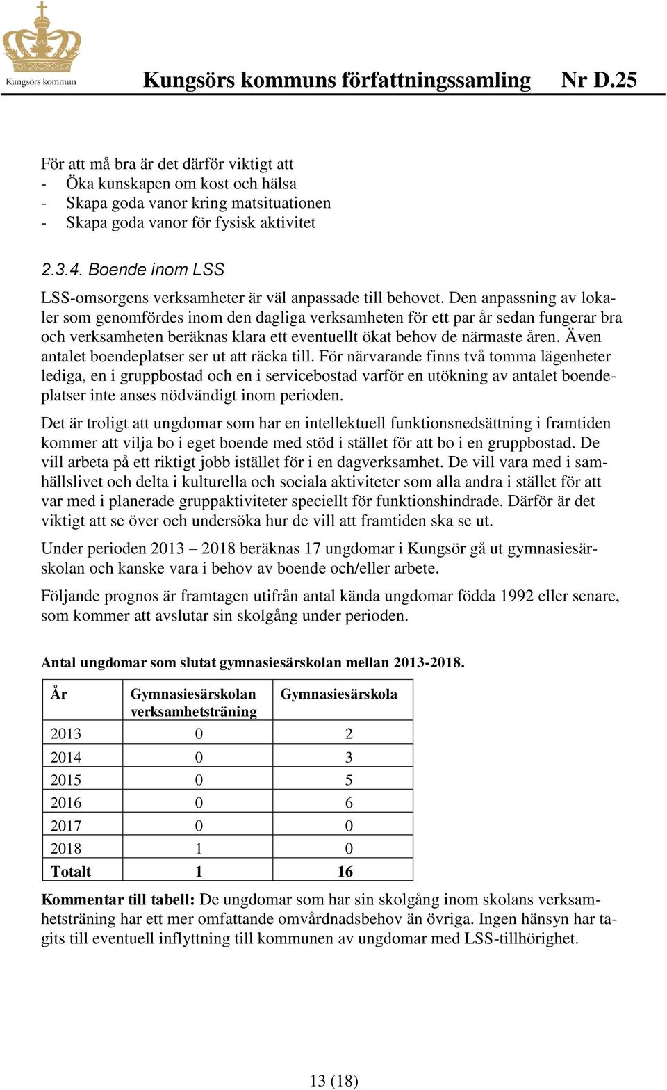 Den anpassning av lokaler som genomfördes inom den dagliga verksamheten för ett par år sedan fungerar bra och verksamheten beräknas klara ett eventuellt ökat behov de närmaste åren.