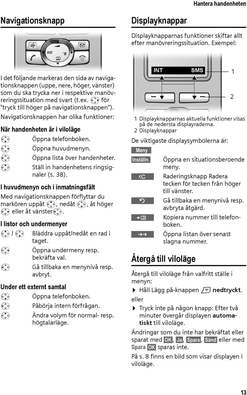 v för "tryck till höger på navigationsknappen"). Navigationsknappen har olika funktioner: När handenheten är i viloläge s Öppna telefonboken. v Öppna huvudmenyn. u Öppna lista över handenheter.