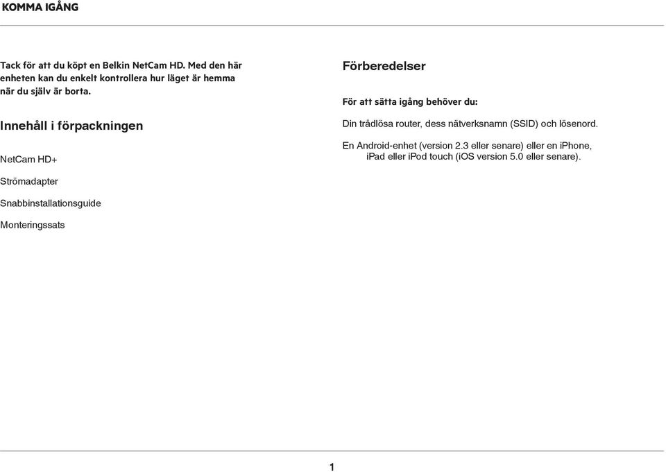 Innehåll i förpackningen NetCam HD+ Förberedelser För att sätta igång behöver du: Din trådlösa router, dess