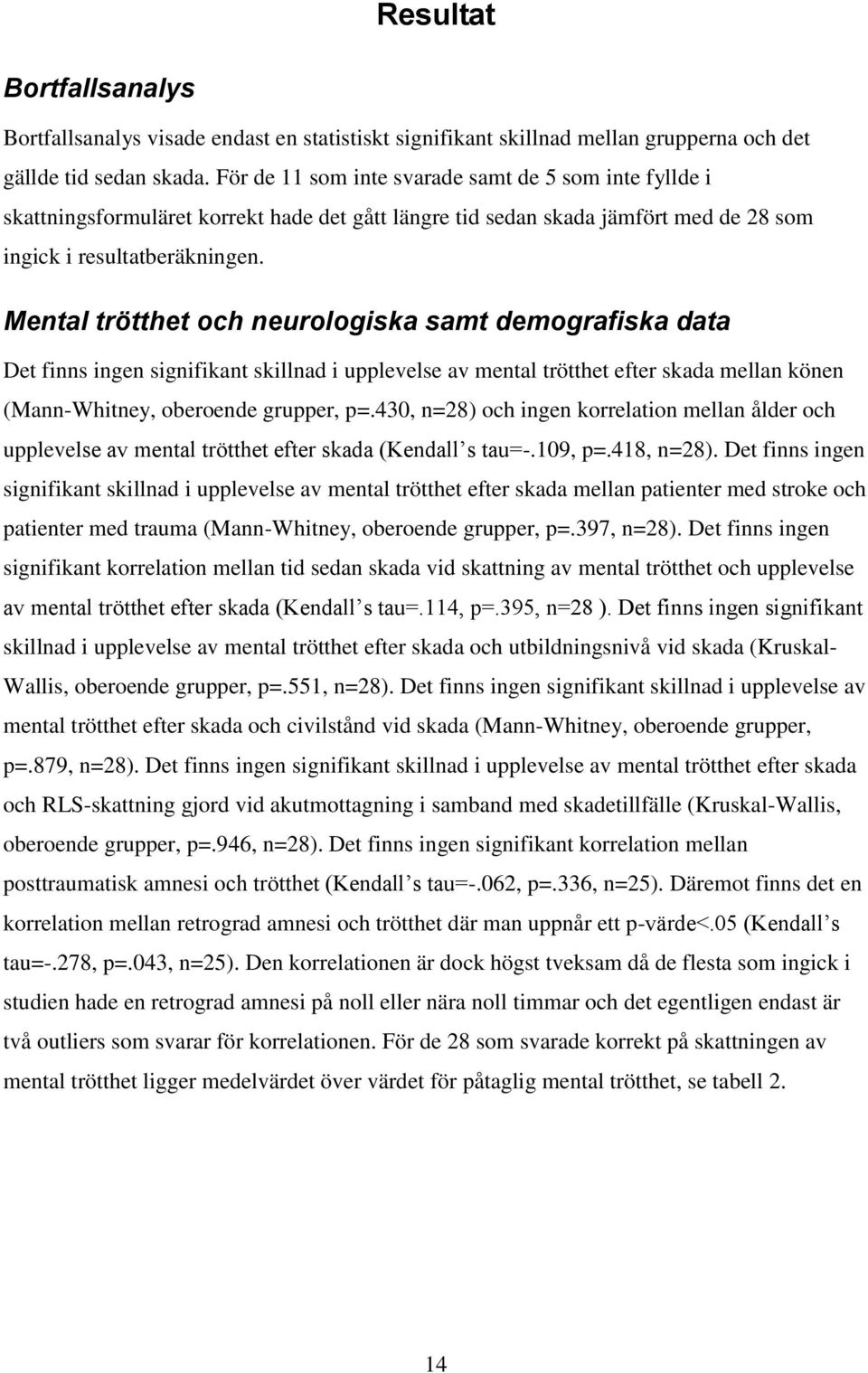 Mental trötthet och neurologiska samt demografiska data Det finns ingen signifikant skillnad i upplevelse av mental trötthet efter skada mellan könen (Mann-Whitney, oberoende grupper, p=.