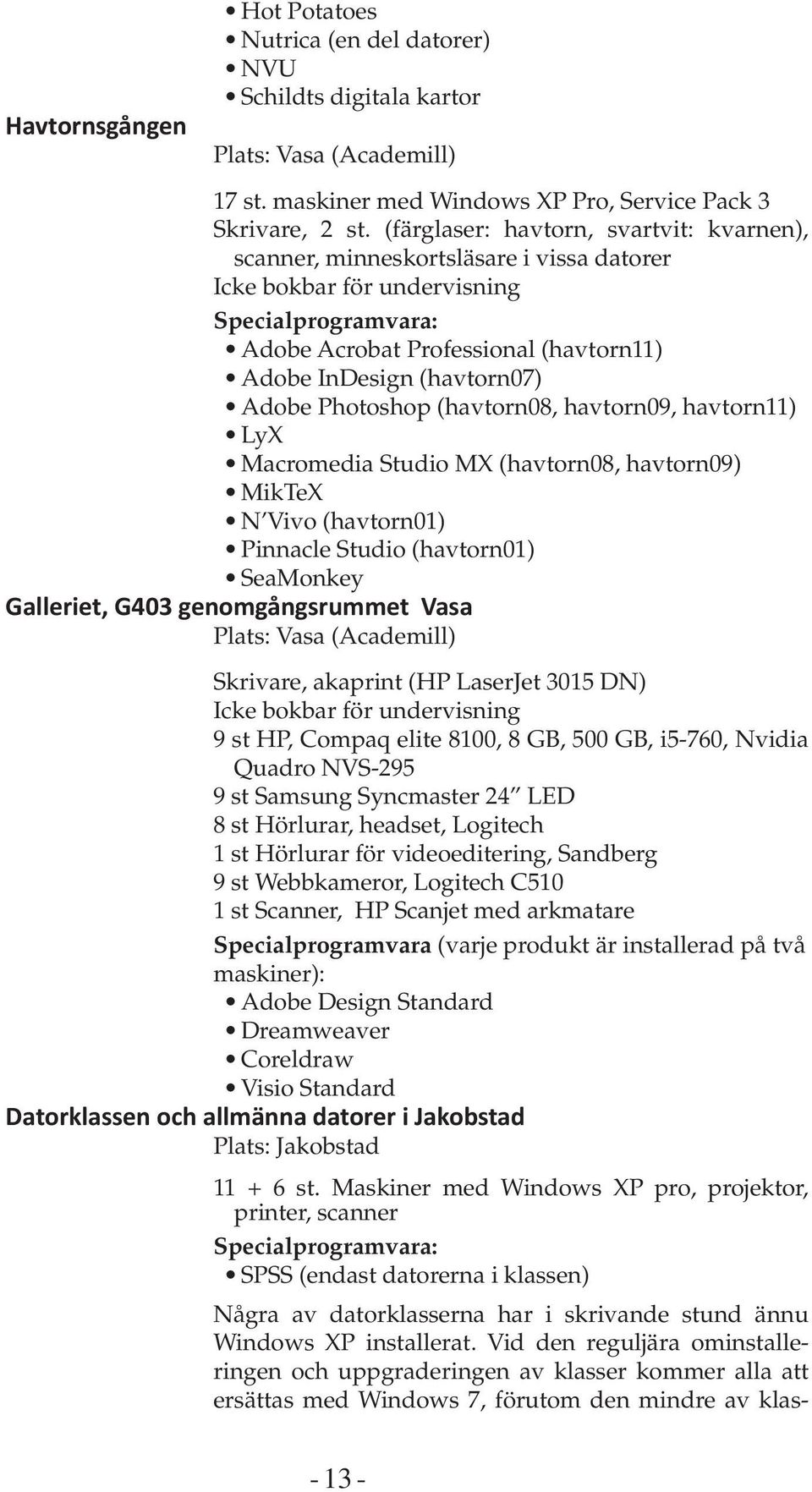 Adobe Photoshop (havtorn08, havtorn09, havtorn11) LyX Macromedia Studio MX (havtorn08, havtorn09) MikTeX N Vivo (havtorn01) Pinnacle Studio (havtorn01) SeaMonkey Galleriet, G403 genomgångsrummet Vasa