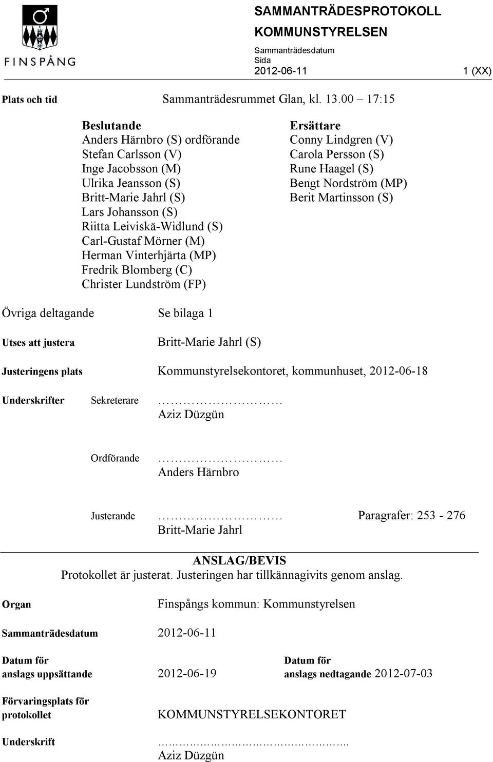 (M) Herman Vinterhjärta (MP) Fredrik Blomberg (C) Christer Lundström (FP) Ersättare Conny Lindgren (V) Carola Persson (S) Rune Haagel (S) Bengt Nordström (MP) Berit Martinsson (S) Övriga deltagande