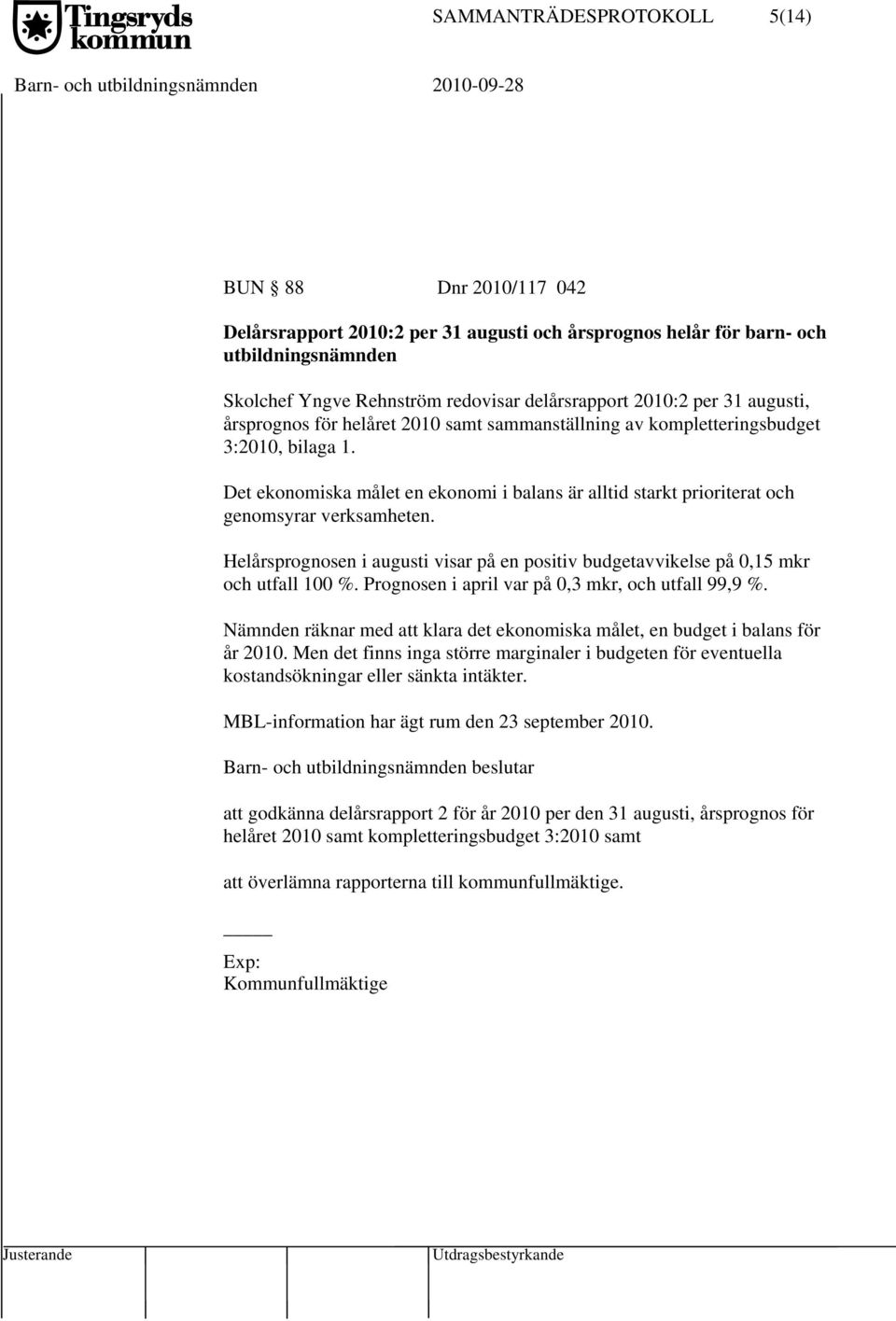 Det ekonomiska målet en ekonomi i balans är alltid starkt prioriterat och genomsyrar verksamheten. Helårsprognosen i augusti visar på en positiv budgetavvikelse på 0,15 mkr och utfall 100 %.