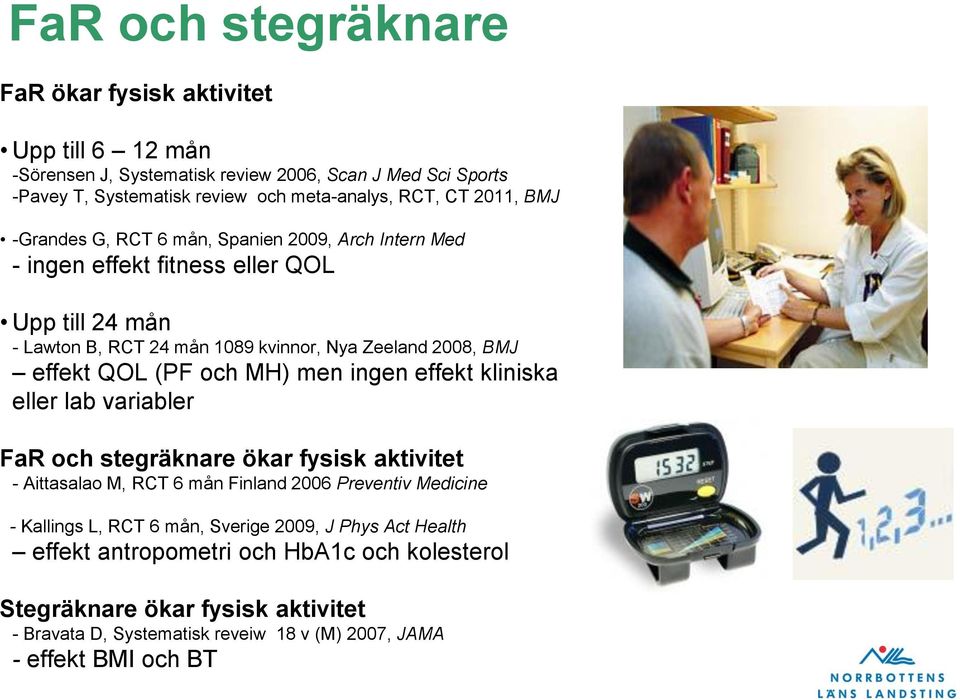 (PF och MH) men ingen effekt kliniska eller lab variabler FaR och stegräknare ökar fysisk aktivitet - Aittasalao M, RCT 6 mån Finland 2006 Preventiv Medicine - Kallings L, RCT 6